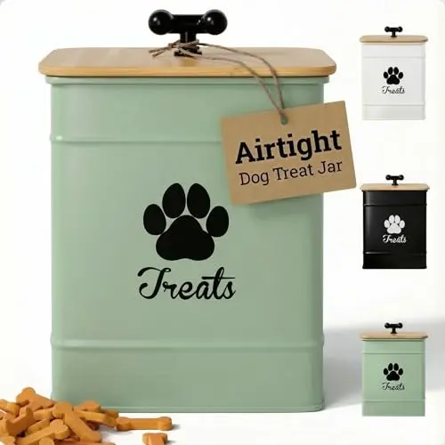 Sage green square iron dog treat container with bamboo lid and bone-shaped handle