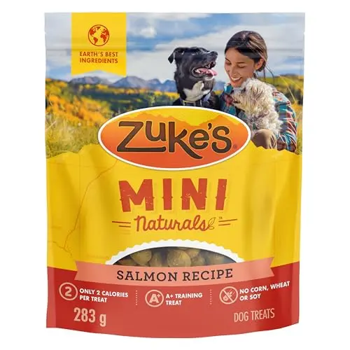Zuke's Mini Naturals tender bites salmon recipe dog treats in a resealable pouch