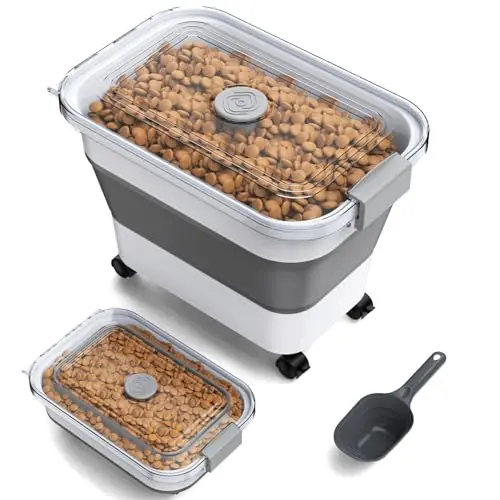 Viretec grey collapsible dog food storage container with transparent lid, wheels, and scoop