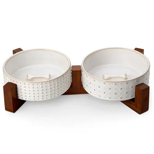 Ceramic dog bowl set with walnut wood stand and polka dot pattern for English bulldogs