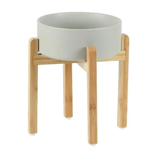 Havniva Matte Gray Ceramic Raised Dog Bowl with Bamboo Stand