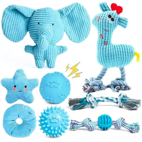 2TRUL Blue 8 Pack Luxury Puppy Toys with plush elephant, deer, donut, star, rope toys and squeaky balls