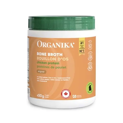 Organika Canadian-Made Chicken Bone Broth Powder tub for dogs