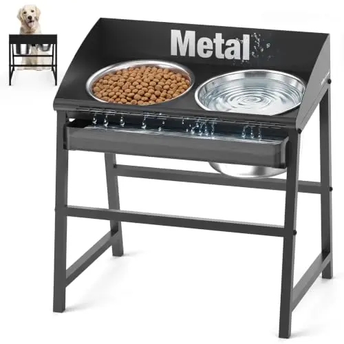 Bobbie & Laxi elevated dog feeder station with full metal stand, raised spill walls, and two stainless steel bowls