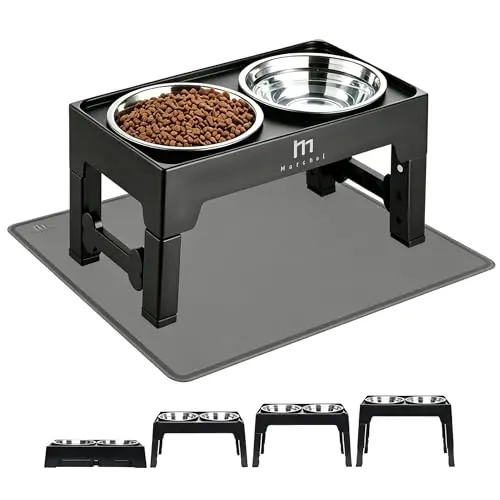 Marchul elevated dog bowl stand with four height levels, two stainless bowls, and included silicone feeding mat