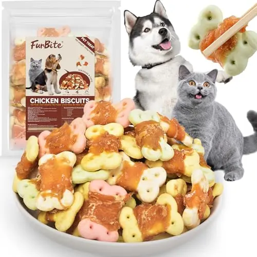 FurBite dog treats, bone-shaped biscuits with chicken wrapping, displayed on a counter