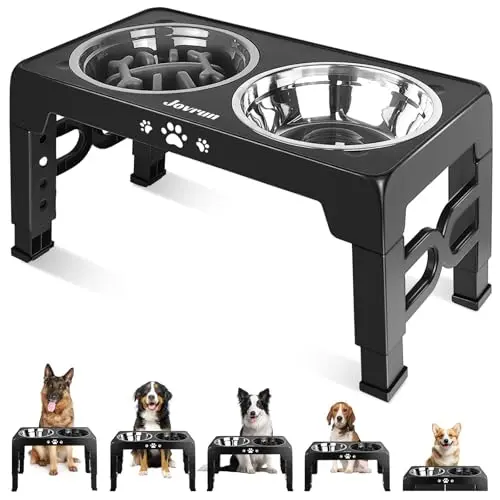 Jovrun elevated dog bowl stand with adjustable legs, one stainless steel bowl, and one slow feeder bowl