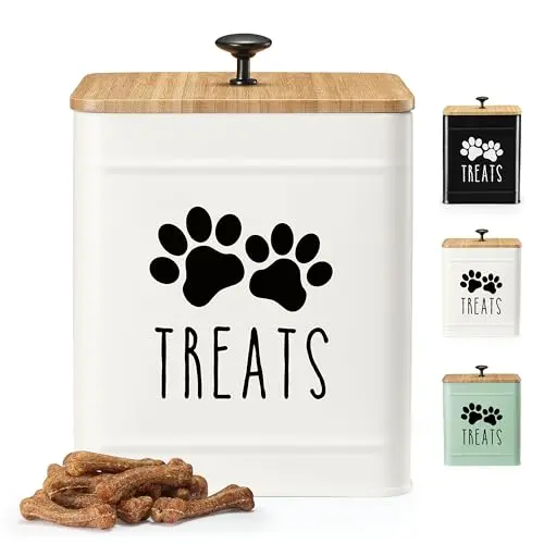 White single Perfnique rectangular metal dog treat jar with bamboo lid and black handle