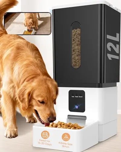 UTCG D-01 extra-large automatic dog feeder with camera, holding 12L of kibble on a kitchen floor