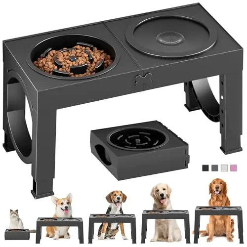 XiaZ adjustable elevated dog bowl stand with slow feeder and water bowl