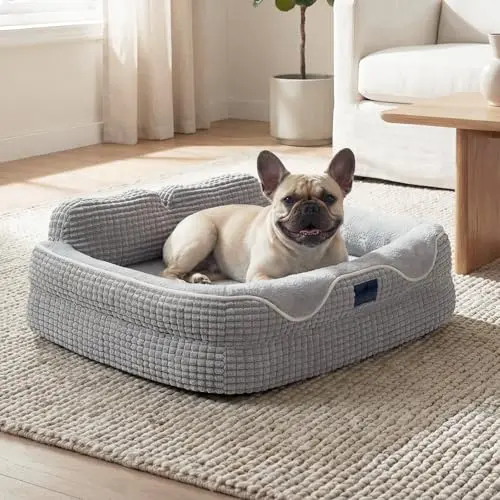 Veehoo Orthopedic Dog Bed in grey with checkered corduroy and three-sided bolster