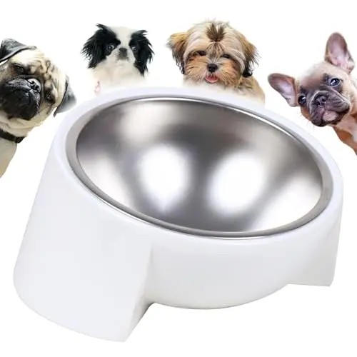 White tilted dog bowl with stainless steel bowl on melamine stand