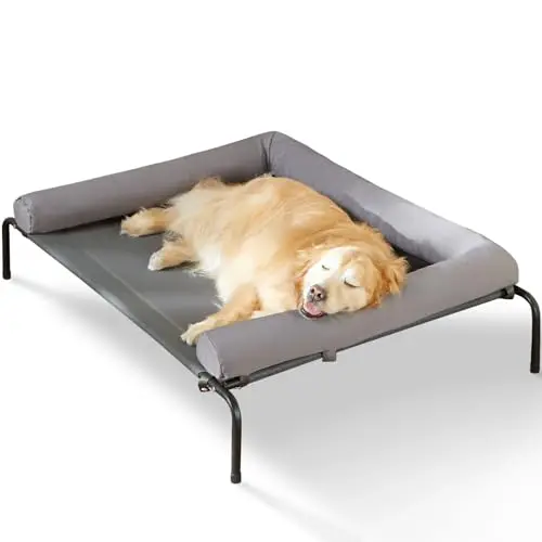 HUEIFY elevated cooling dog bed in grey with chew-proof mesh and U-shaped pillow