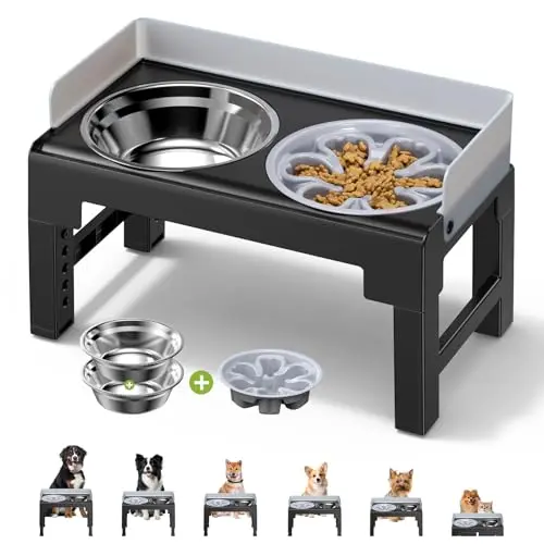 Ceecysaa adjustable elevated dog bowl stand with back panel and slow feeder bowl