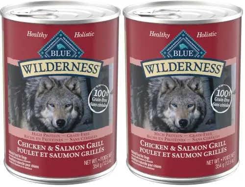 Blue Wilderness Salmon & Chicken wet dog food cans