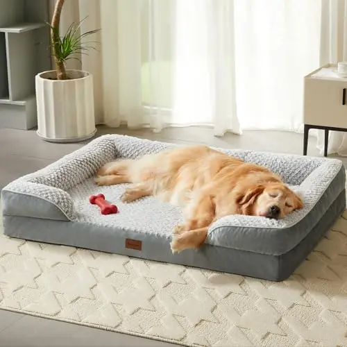 HUEIFY Large Dog Bed in grey with C-shape design and pineapple pattern velvet