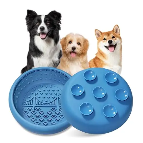 Generic slow feeder dog bowl in blue, plastic with silicone insert and suction cups