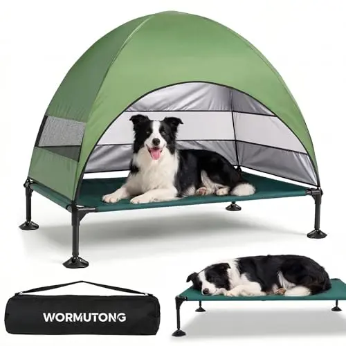 Wormutong Elevated Outdoor Dog Bed with green canopy and chew-proof Teslin mat on grass