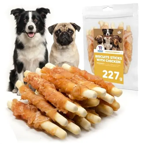 Premium Feeders dog treat stick with chicken jerky wrapping, showing the crunchy biscuit base