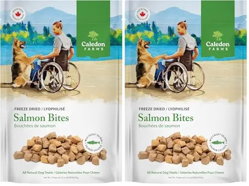 Caledon Farms freeze-dried salmon dog treats in a pack of two pouches