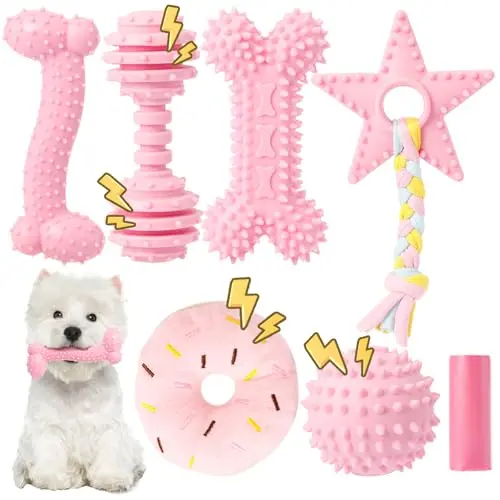 ASIDE pink puppy chew toy set with plush donut and waste bags