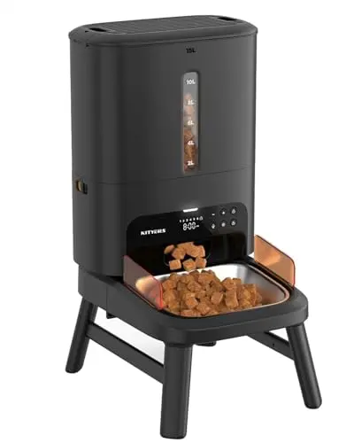 Nityers 15L automatic dog feeder with adjustable stand next to a Great Dane