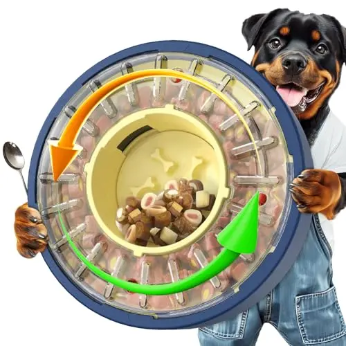 Yellow and blue KADTC adjustable spinning puzzle feeder for dogs, top view showing kibble
