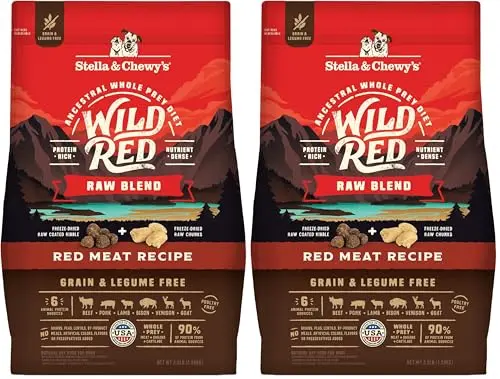 Stella & Chewy's Wild Red Raw Blend Red Meat Recipe dry dog food bag showing freeze-dried chunks